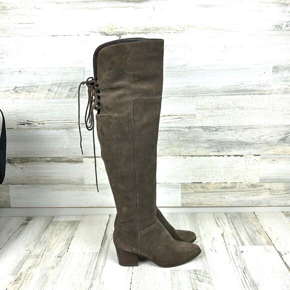 Aldo Womens 7 Gray Suede Leather Over The Knee Lace Back Zip Heeled Boots - Picture 4 of 12